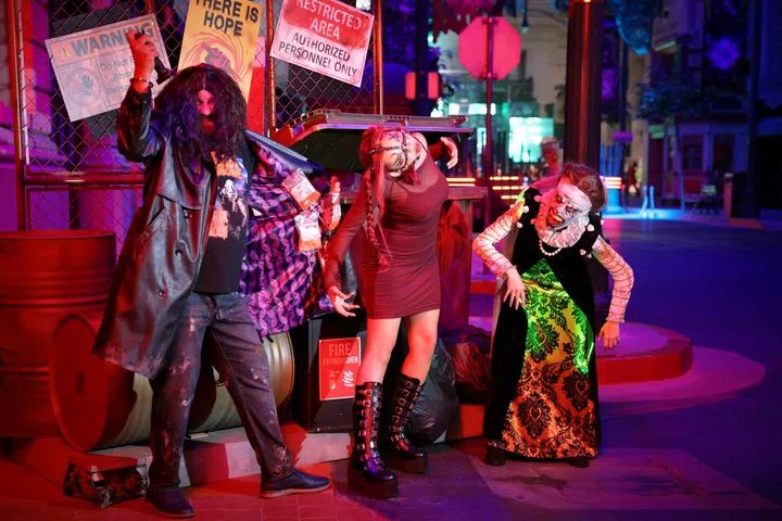 (From left) Scare actors Jag Singh, Megan Lynn and Angela Hatem Attieh at a rehearsal for Universal Studios’ Halloween Horror Nights, 19 September 2024.