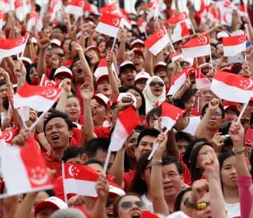 SINGAPORE - AUGUST 09:  People wave the flags during the National Day Parade at Padang on August 9, 2015 in Singapore. Singapore is celebrating her 50th year of independence on August 9, 2015.  (Photo by Suhaimi Abdullah/Getty Images)