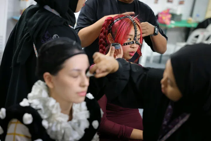 Angela Hatem Attieh (left) and Megan Lynn getting their make-up done for Universal Studios’ Halloween Horror Nights rehearsal, 19 September 2024.