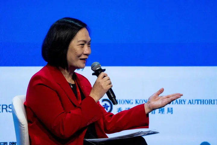 Group CEO of OCBC Helen Wong during the panel on Mainland China/Greater Bay Area/Hong Kong: New dimensions at the Global Hong Kong Global Financial Leaders Investment Summit on November 7, 2023 in Hong Kong, China. The Hong Kong Global Financial Leaders Investment Summit organised by the city's central bank the Hong Kong Monetary Authority is held at the Four Seasons hotel with the theme Living with Complexity, with Financials Leaders attending the event.  (Photo by Vernon Yuen/NurPhoto via Getty Images)