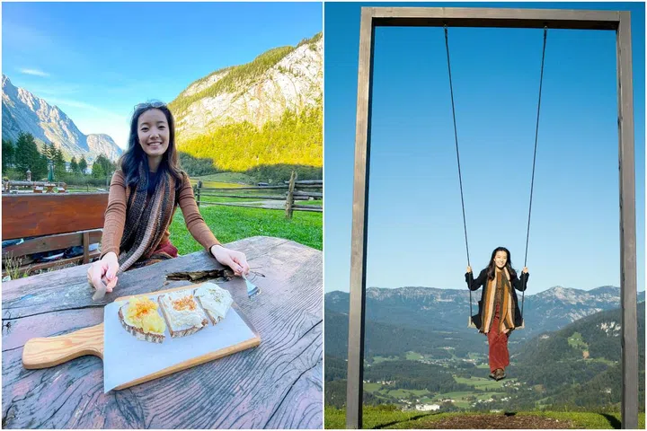Lee at a farm house on Lake Obersee and on the garden swing at Kempinski Hotel Berchtesgaden. PHOTOS: ANNETTE LEE