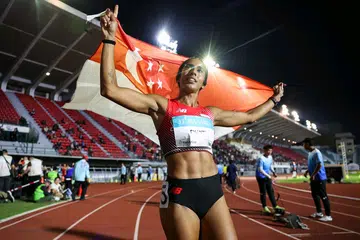 Singapore sprint queen Shanti Pereira celebrating her victory after winning the women's 200m final at the SEA Games at Suphachalasai National Stadium in Bangkok, Thailand on Dec 13, 2025.
