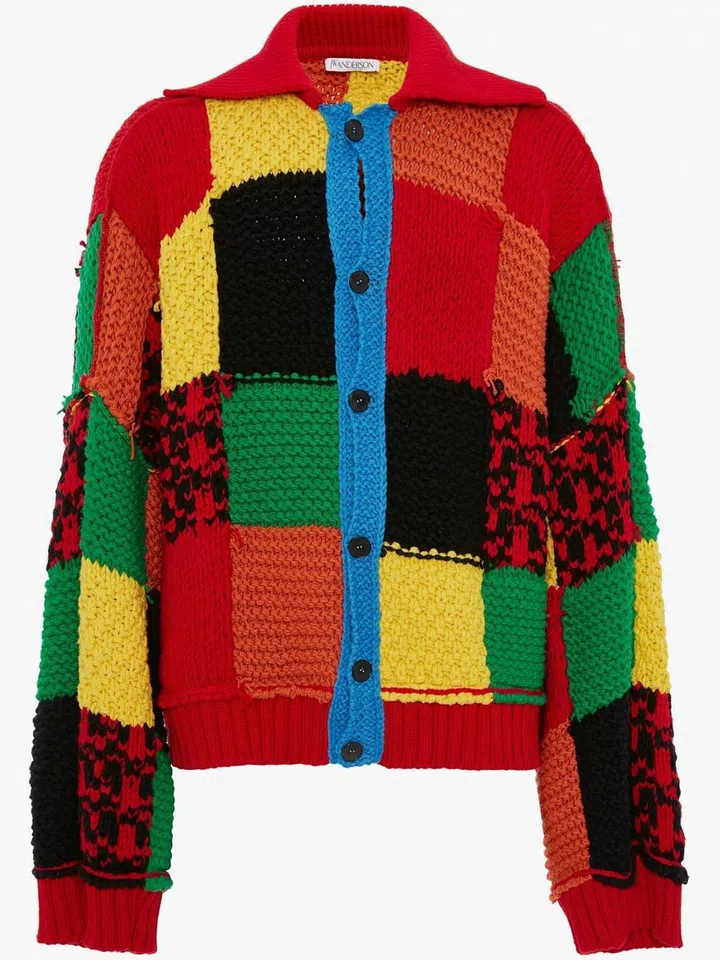 harry styles-jw-anderson-colourblock-patchwork-cardigan
