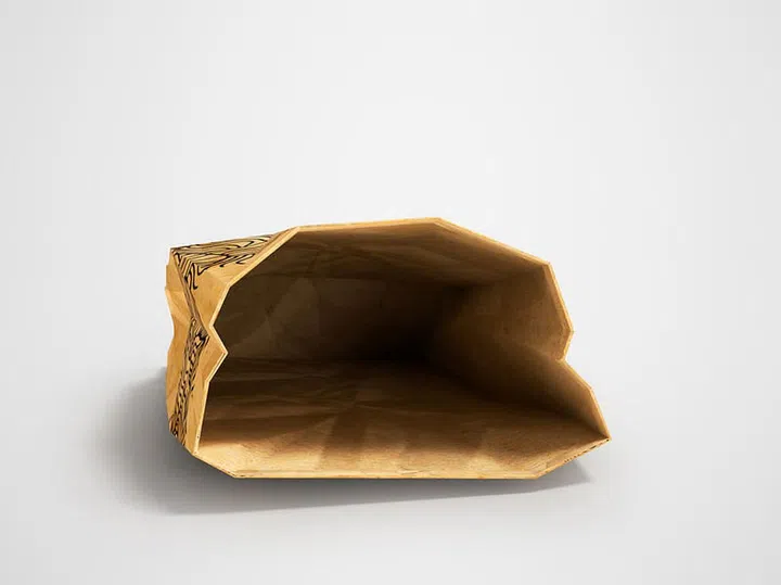 Paper bag lies open front 3d render on gray background with shadow