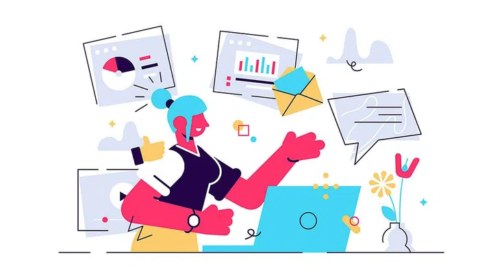 Content manager at work hand drawn illustration. Female multitasking skill concept. Young girl managing SMM strategy processes cartoon character. Freelance worker busy with email marketing analysis.