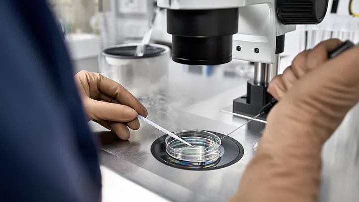 Doctor in brown latex gloves does control check of the in vitro fertilization process in the Petri dish in the IVF lab. Closeup. Horizontal.