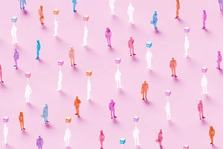 3D rendered conceptual illustration of numerous business figures evenly scattered across a soft pink background: solid colored human workers standing alongside identical translucent ghost-like figures, each translucent worker marked by a glowing “AI” symbol hovering above – powerful visualization of artificial intelligence replacing human workforce, solid employees mixed with their AI-replaced counterparts, automation displacing jobs, digital transformation eliminating roles, technological unemployment, workforce disruption, future of work with AI substitution, and the new era where real human workers are gradually replaced by artificial intelligence.