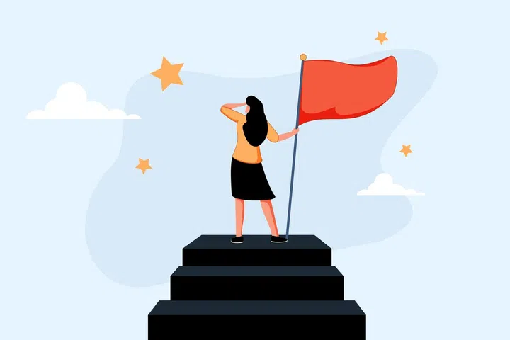 Success female entrepreneur, woman leadership or challenge and achievement concept, success businesswoman on top of career staircase holding winning flag looking for future visionary.