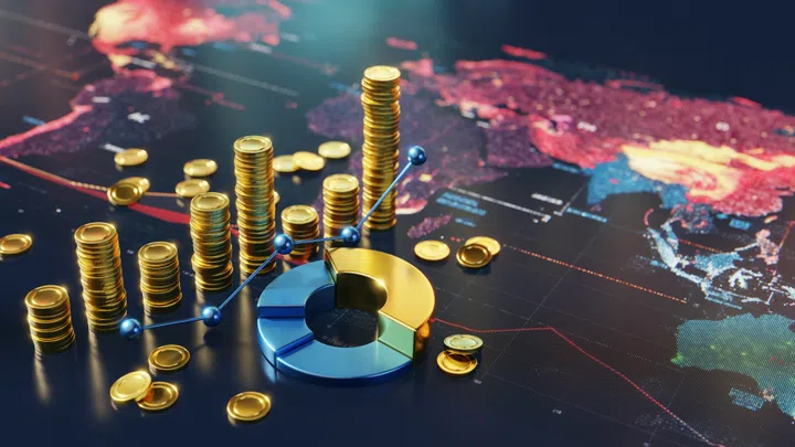 A creative representation of global finance using gold coins, charts, and a colourful world map, symbolising economic potential and diversification.