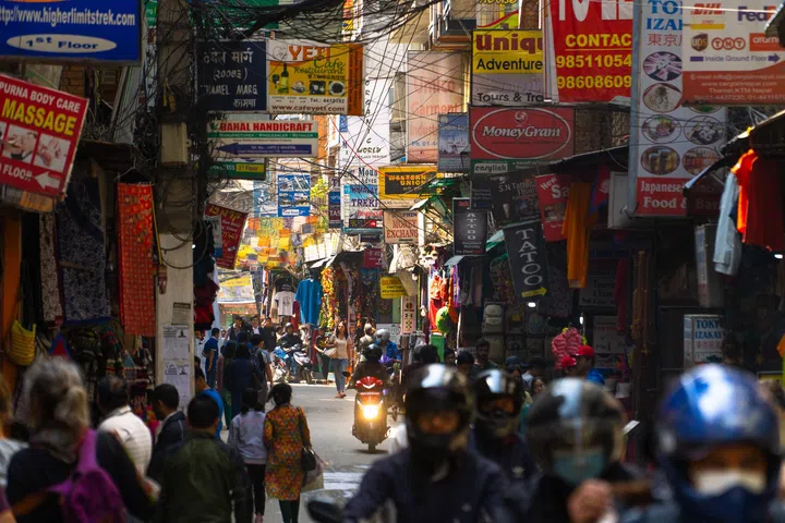 Street view in Thamel district, known as the centre of the tourist industry in Kathmandu has a wide range of mountaineering gear shops, bars and restaurants