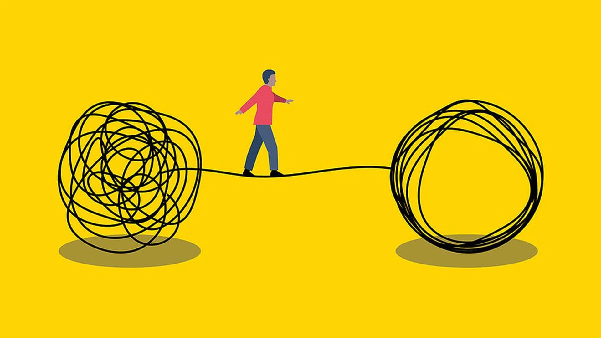 Solution problem concept. Man walking on  tightrope. Life coaching, transformation idea. Brainstorming in business. Vector illustration