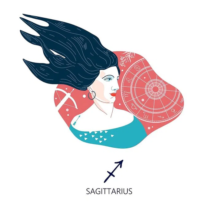 Sagittarius zodiac sign. The symbol of the astrological horoscope. Vector illustration. Portrait of a girl.