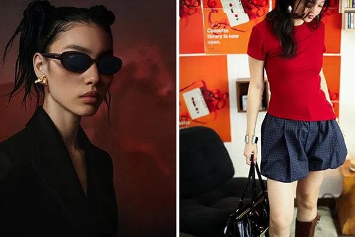 Asian woman wearing Ray-ban sunglasses and Asian woman wearing blue skirt and read blouse from Arcade