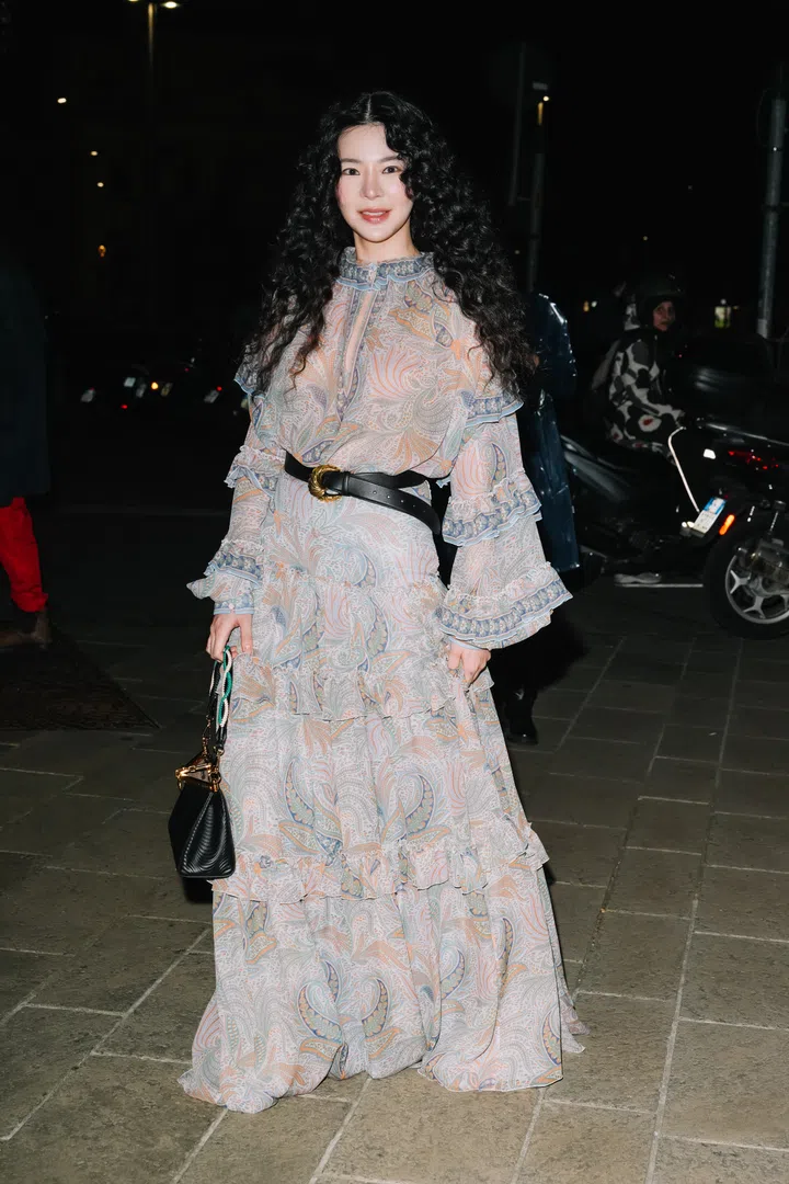 MILAN, ITALY - FEBRUARY 27: Jane Jang is seen wearing an Etro maxi dress, a black quilted handbag outside the Etro show during the Milan Fashion Week Womenswear Fall/Winter 2025/2026 on February 27, 2025 in Milan, Italy. (Photo by Alena Zakirova/Getty Images)