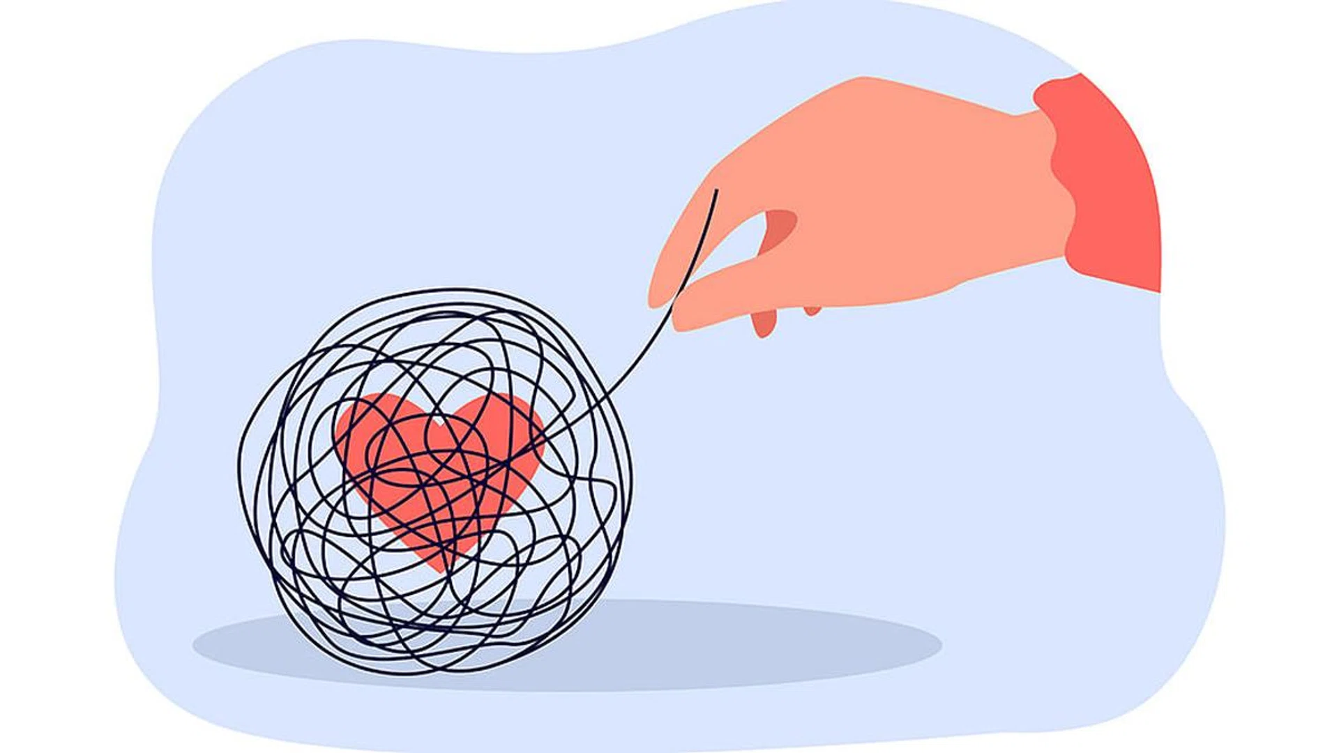 Hand untangling tangle around heart. Person finding solution to problems in love life flat vector illustration. Phycology, mental health, love concept for banner, website design or landing web page