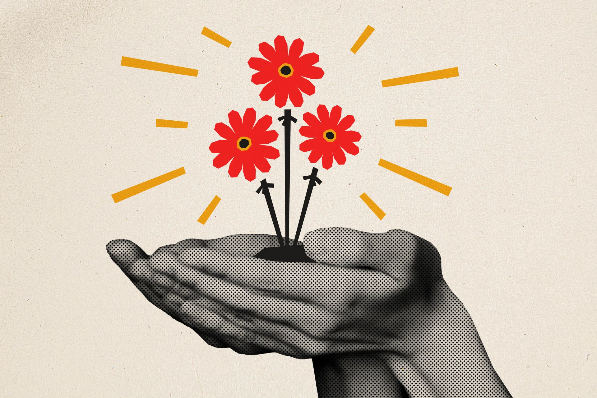 Horizontal creative artwork collage image of black white colors hands hold beautiful red painted flowers isolated on beige background.