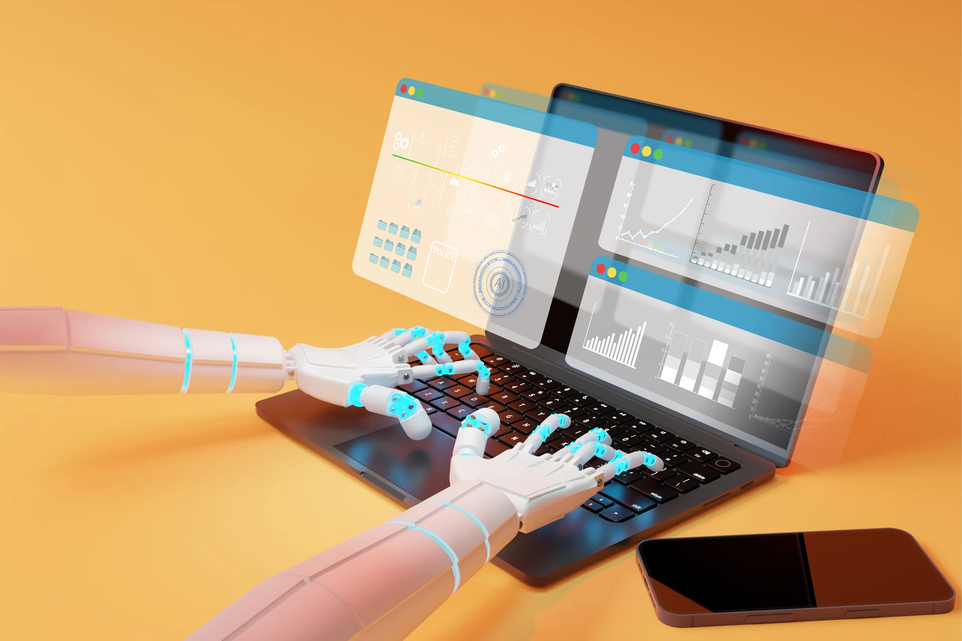 Image shows an AI robotic arm helping businesses to generate sustainable profit growth.