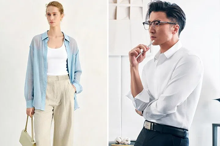 Caucasian woman wearing Meilleur Moment’s blue shirt, white top and beige linen pants and Asian man wearing white shirt and black pants from Determinant