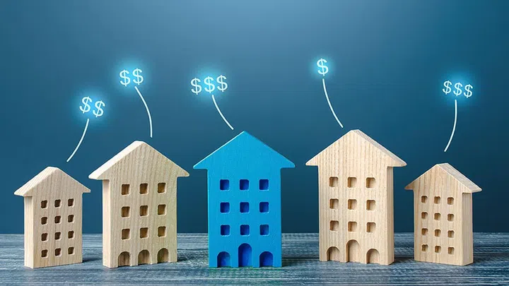 House prices on real estate market. Property valuation. Housing cost. Economy class, business and luxury. Increase value. Investment in foreign overseas real estate. Rental income. Taxes to the budget