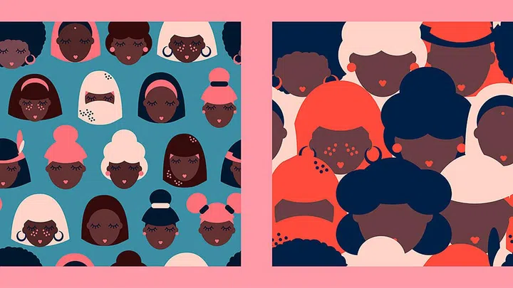 set of two seamless patterns with black women of different nationalities. indian, native american, arab woman. protest. Modern abstract design for paper, cover, fabric, interior decor