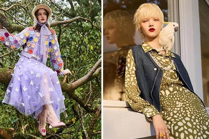 Caucasian women wearing purple butterfly-motif dress and green deer-spot print dress from iRoo