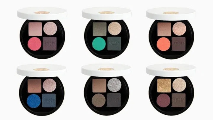 From top left: 01 Ombres Pétales, 02 Ombres Végétales, 03 Ombres Fauves, 04 Ombres Marines, 05 Ombres Fumées, 06 Ombres Mordorées. Photo: Hermés Beauty. 