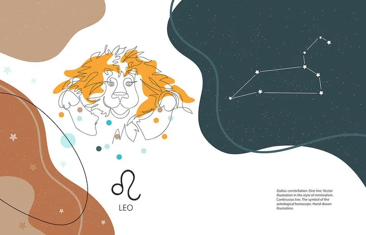 Zodiac background. Constellation Leo. Horizontal banner. One line.