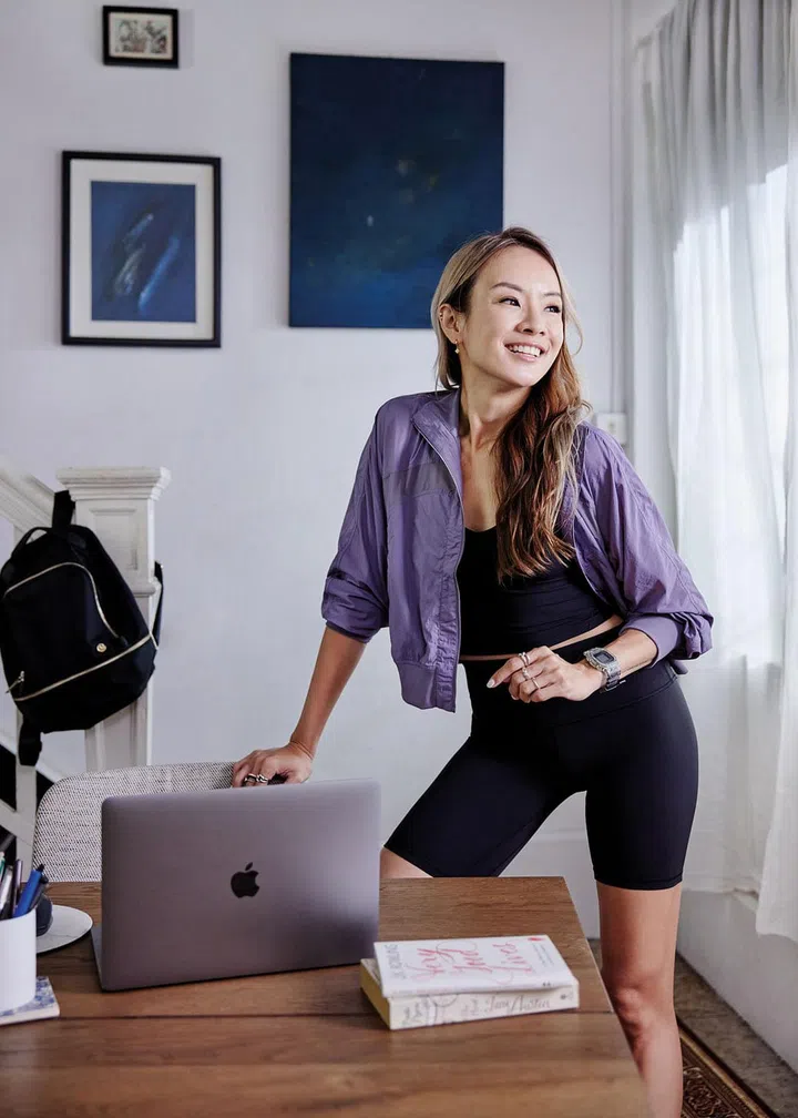 Serve It Jacket, $228, Align Tank, $92, and Align High Rise Shorts 8”, $92. City Adventurer Backpack 2 (hung on staircase), $228