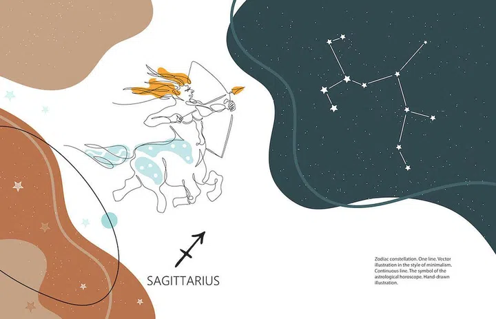 Zodiac background. Constellation Sagittarius. Horizontal banner. One line.