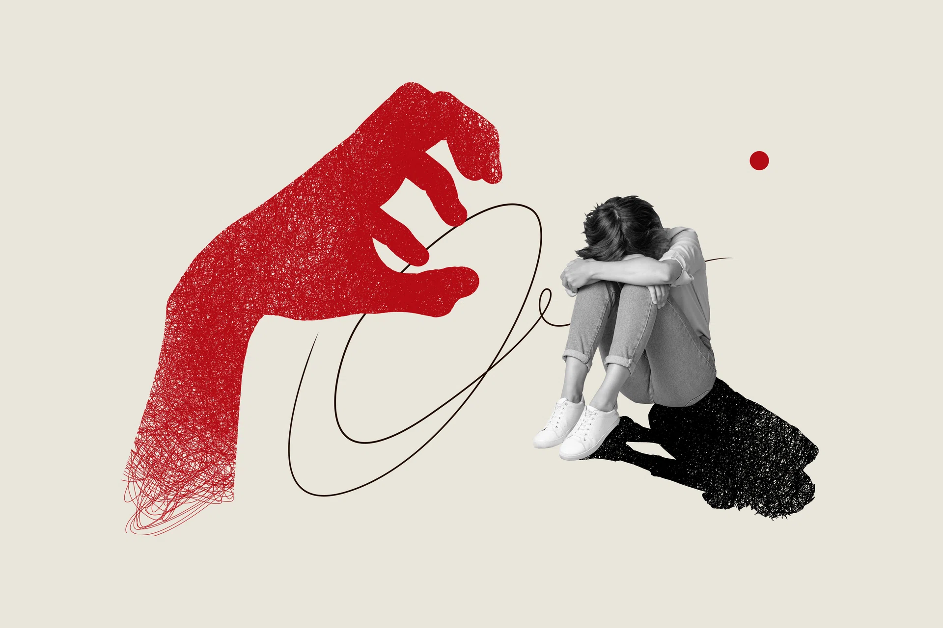 Sketch collage of sad disappointed afraid scared girl sitting crying hiding face isolated on drawing background.