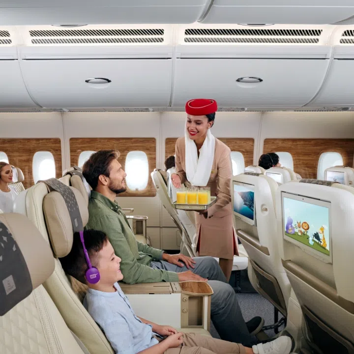 Choose from a refreshing lemon and mint juice, orange juice or water as your welcome drink. Credit: Emirates