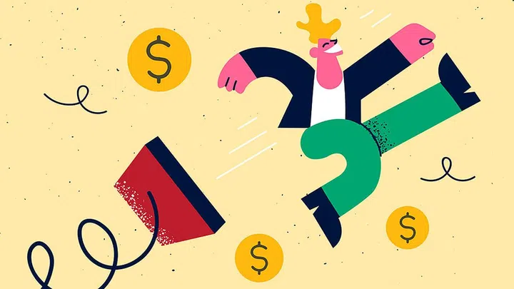 Business motivation and ambition concept. Red machine giving person push to do things and making man earning money and achieving success in business vector illustration
