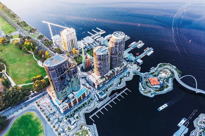 An aerial view of Perth’s buzzing Elizabeth Quay.