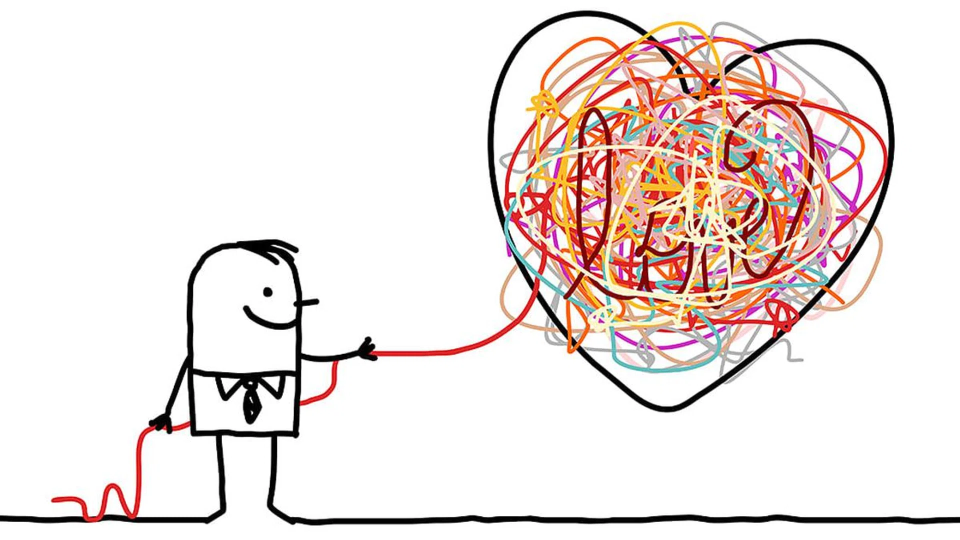 Cartoon Man Untangling a Big Doodle Heart