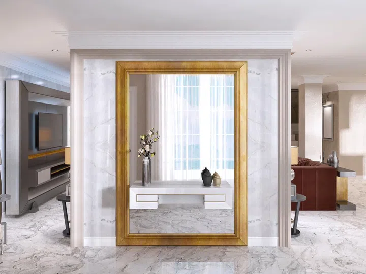 Luxurious Art-Deco entrance hall with a large designer mirror in gold frame and built-in console decor. 3D render.