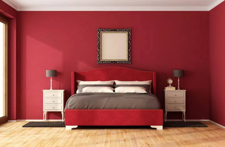 Red Classic Bedroom with elegant bed and nightstand - 3D Rendering