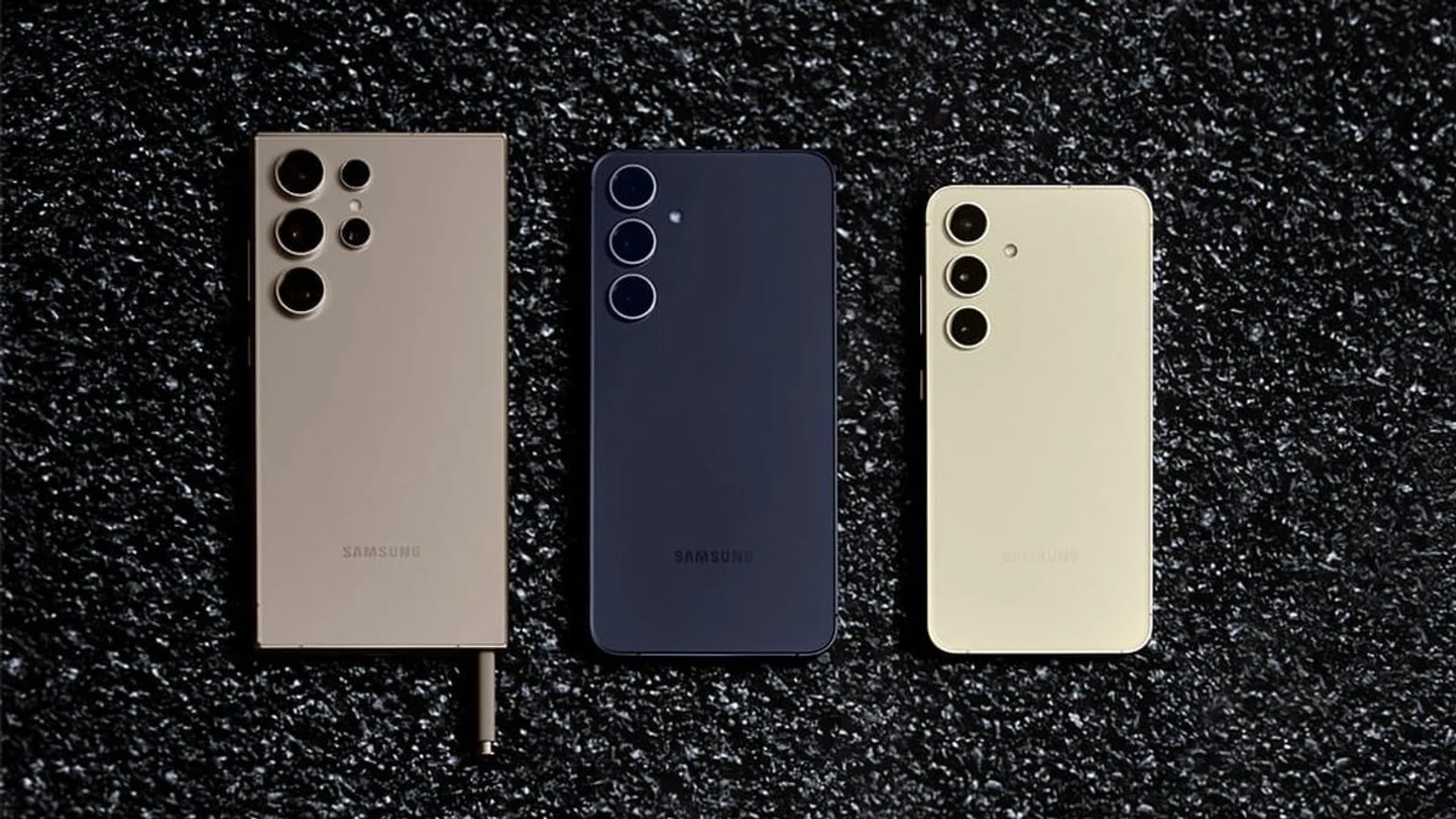 From left to right: the Samsung Galaxy S24 Ultra, S24+, and S24 phones. Credit: Samsung