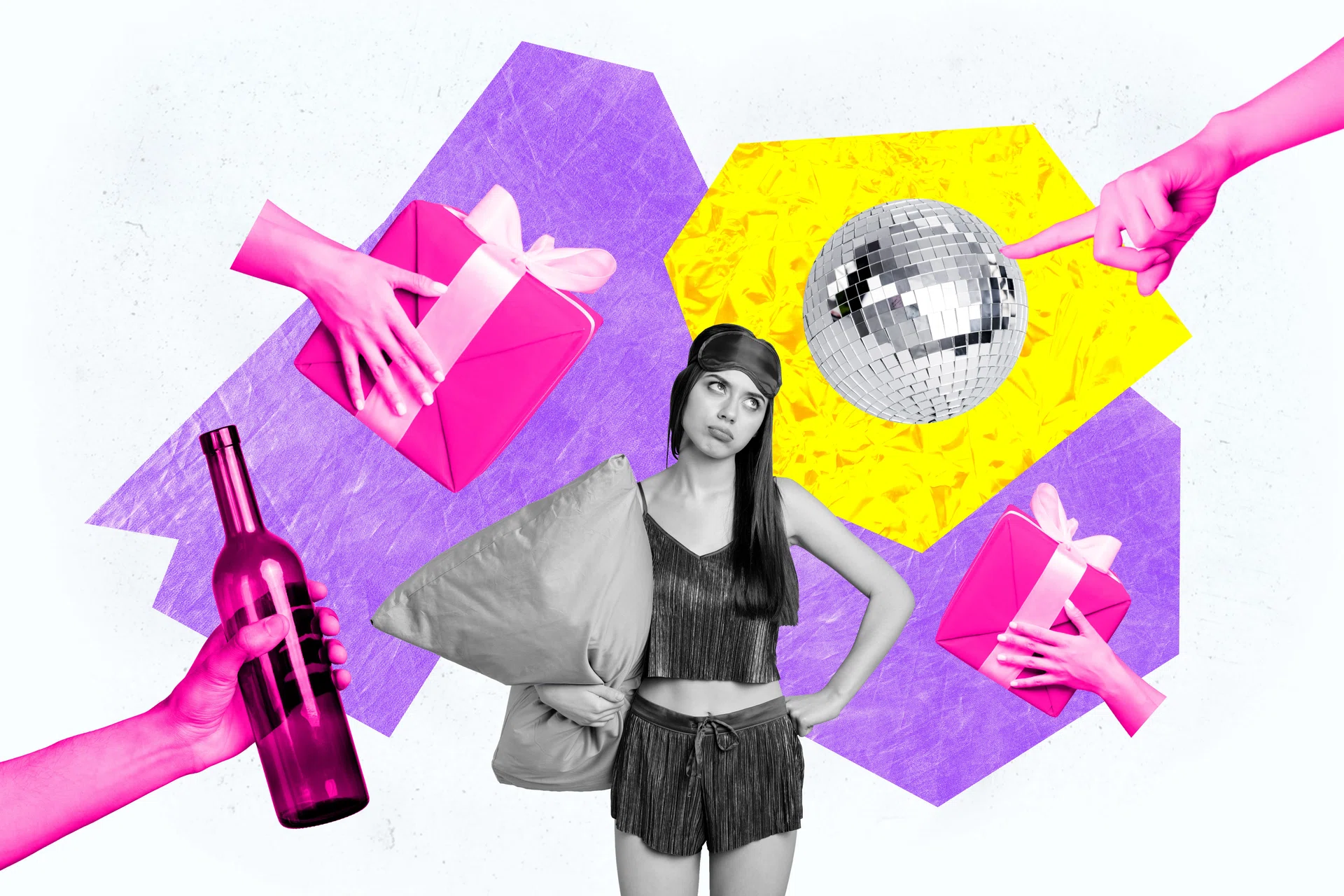 Trend artwork sketch photo collage of happy birthday holiday party greeting card disco ball gift young lady hold pillow finger point sad.