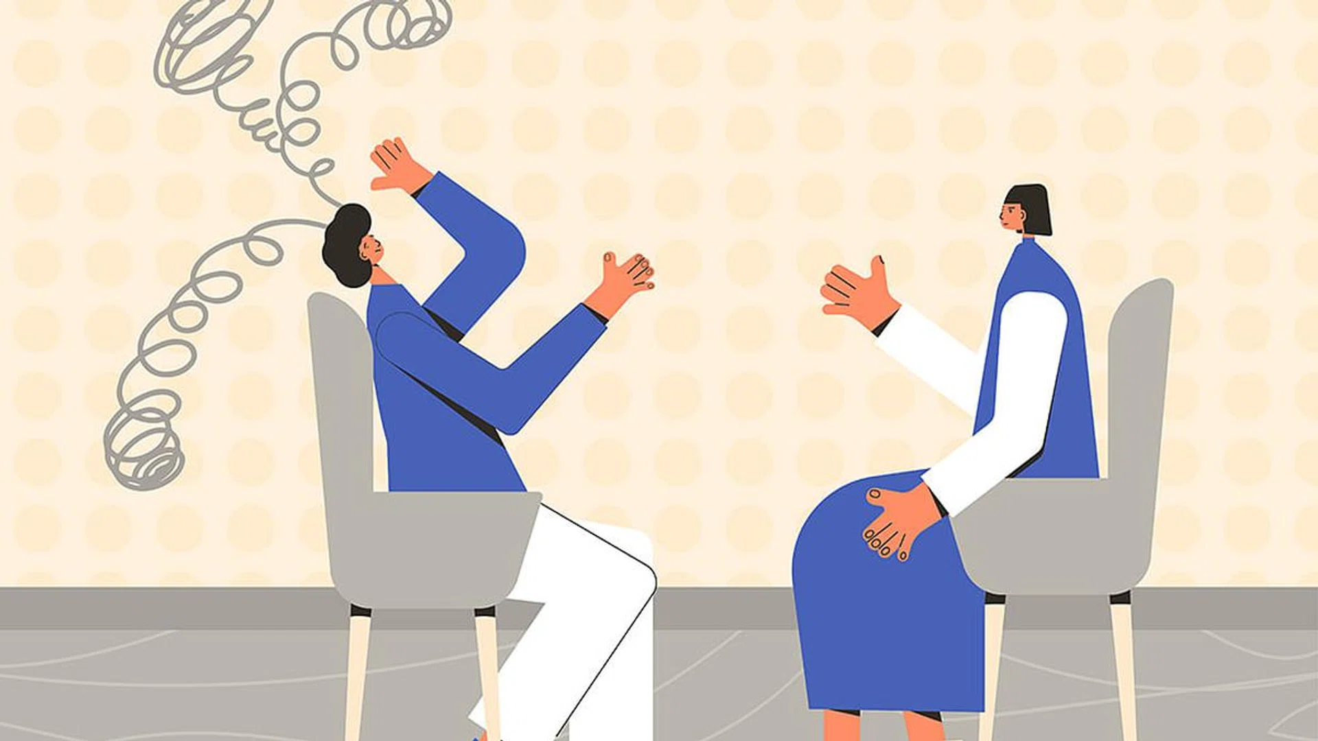 Counseling. Male patient with psychologist or psychotherapist sitting  and talking about depression, communication issues, abuse problems. Couch session. Vector flat illustration.