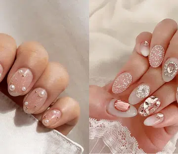 pearl and pink gemstone nail art