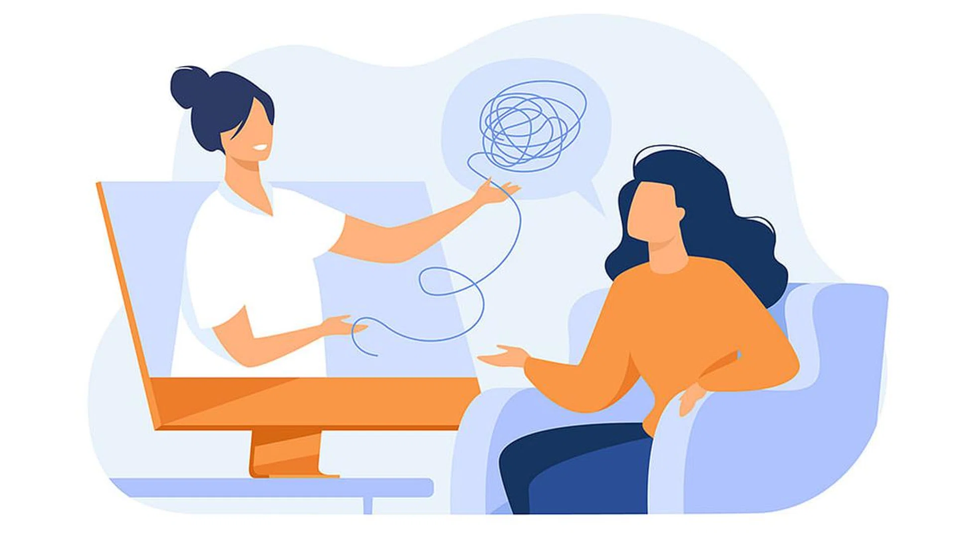Woman consulting psychologist online. Doctor and patient discussing mental tangled rope, using computer for distance talk. Vector illustration for counseling, therapy, psychology, support concept.
