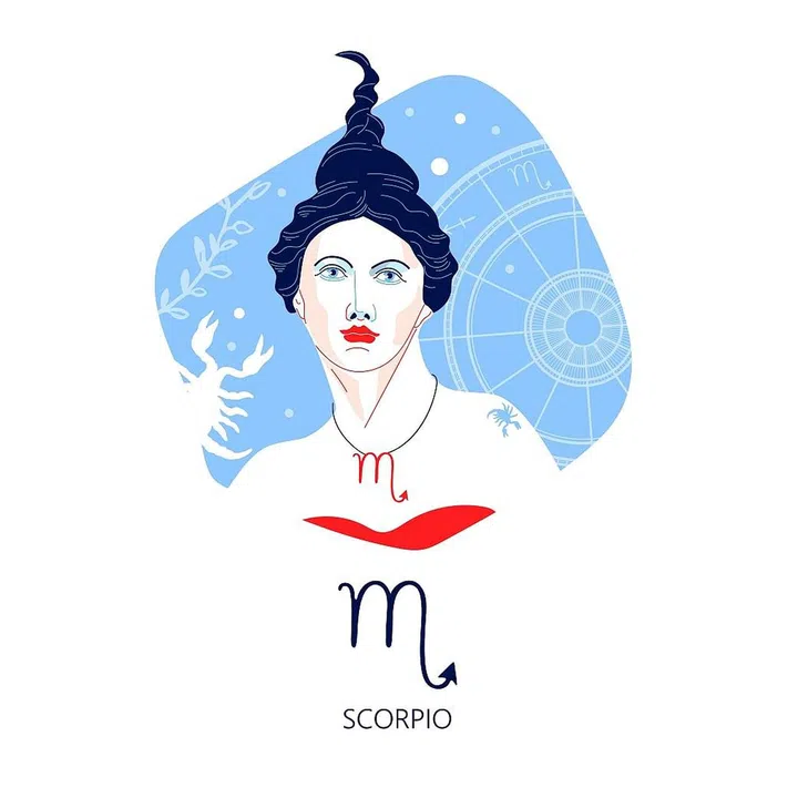 Zodiac sign Scorpio. The symbol of the astrological horoscope. Vector illustration. Portrait of a girl.