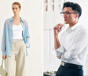 Caucasian woman wearing Meilleur Moment’s blue shirt, white top and beige linen pants and Asian man wearing white shirt and black pants from Determinant