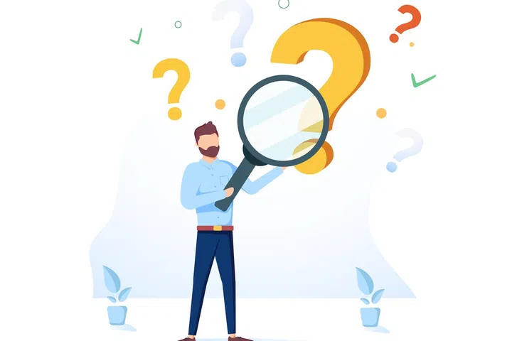Man holding magnifying glass and looking through it at interrogation points. Concept of frequently asked questions, query, investigation, search for information. Modern flat vector illustration.