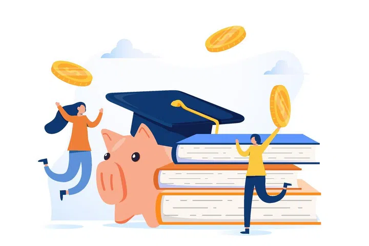 Finance and education illustration set. Student characters investing money in education and knowledge. Personal finance management and financial literacy concept. Vector illustration