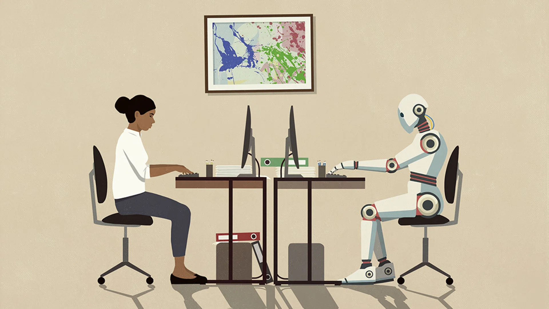 Illustration of an office worker reviewing AI-generated documents, highlighting errors and low-quality content.