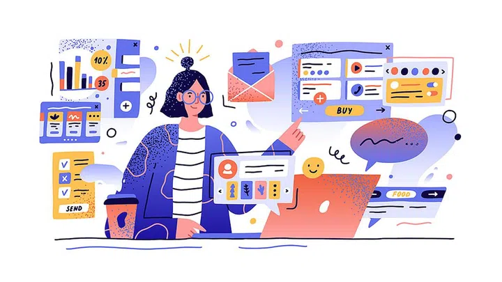 Content manager at work hand drawn illustration. Female multitasking skill concept. Young girl managing SMM strategy processes cartoon character. Freelance worker busy with email marketing analysis