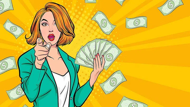 surprise business woman successful and shocking with Falling Money say WOW OMG Pop art retro comic style