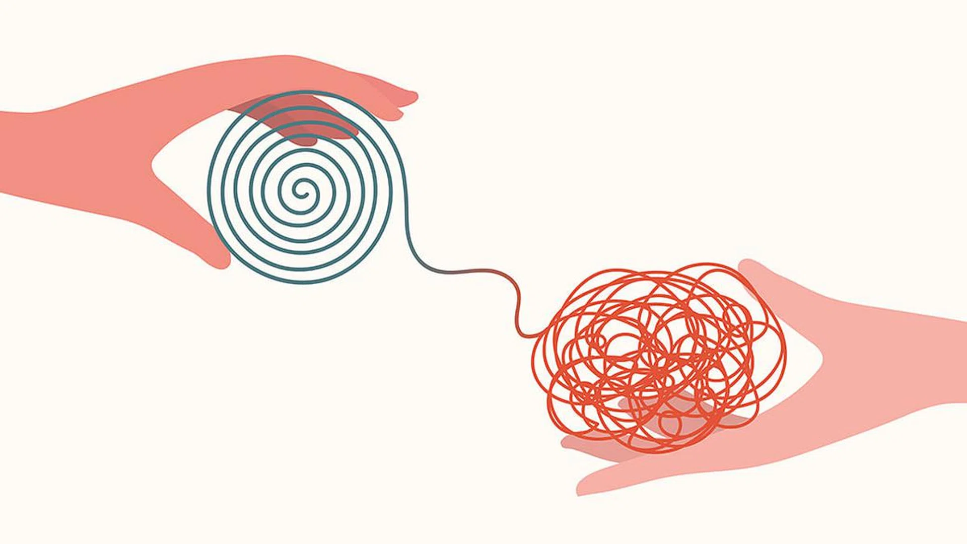 Psychotherapy concept. Psychologist psychiatrist doctor who helps and patient care with mental disorders. Health care. Patient hand with tangle and patient hand distressing a tangle