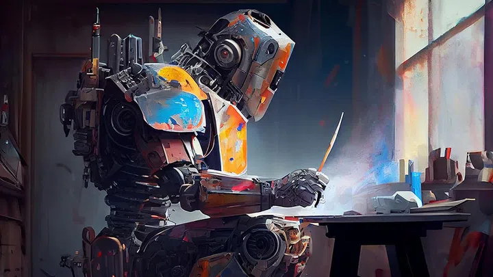 An artificial Inteligence, humaniod robot creating images, futuristic concept.